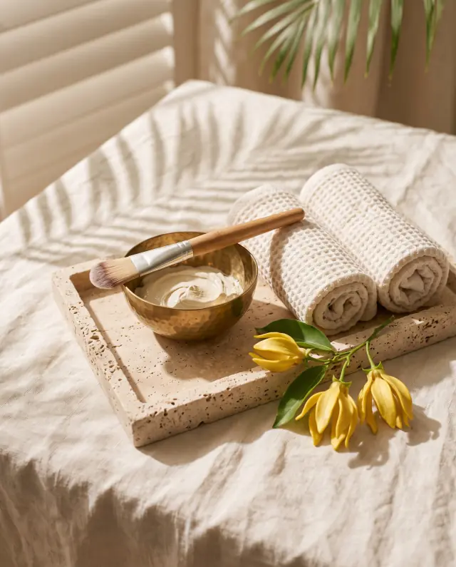 A brass bowl of cream clay mask with a soft brush, rolled white towels and ylang-ylang flowers on a travertine tray, in warm shuttered light.