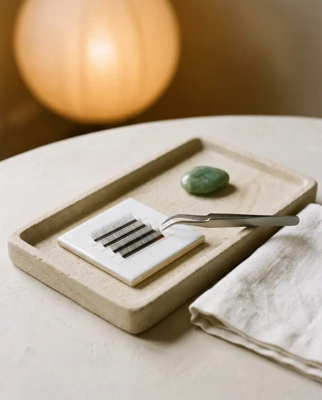 Curved steel tweezers, a tile of fine lash extensions and a jade stone on a pale stone tray, lit by a warm round lamp.