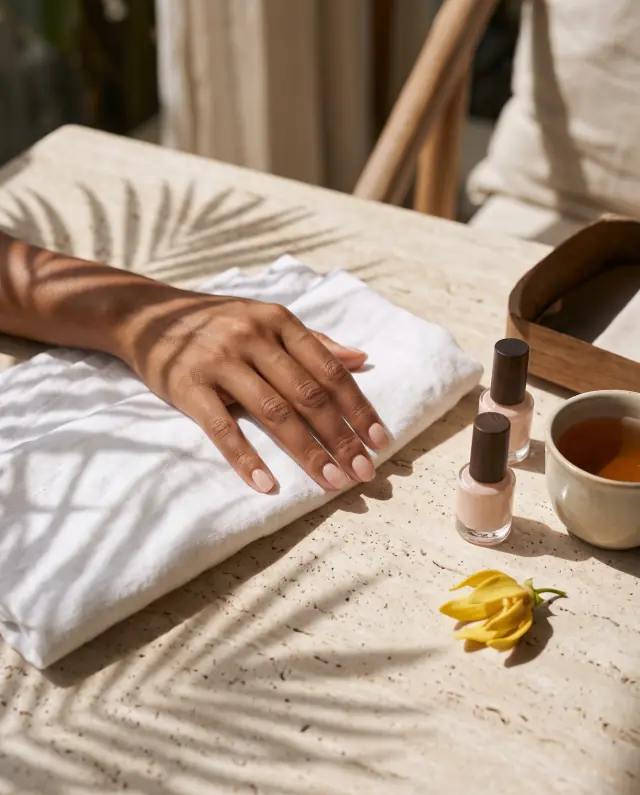 A relaxed hand with glossy milky nude nails resting on a white towel, beside polish bottles, a cup of tea and a ylang-ylang flower.