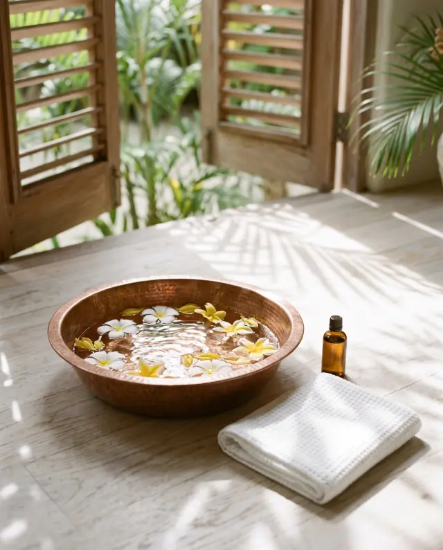 A hammered copper basin of water with floating frangipani and ylang-ylang petals beside a folded towel and a bottle of oil, in garden light.